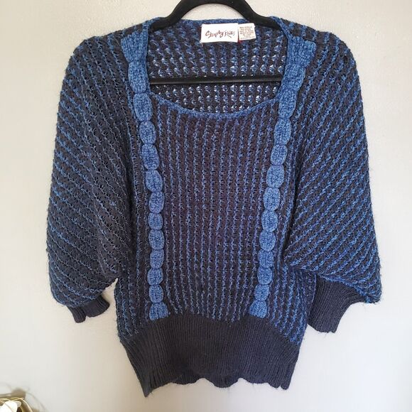 Vintage Y2K Sweater Blue Black Knit Chenille Accents Dolman Sleeves *READ* - Picture 1 of 12